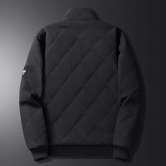 Back view of the Autumn And Winter Fleece Lined Coat Men in solid black color with diamond quilted pattern.