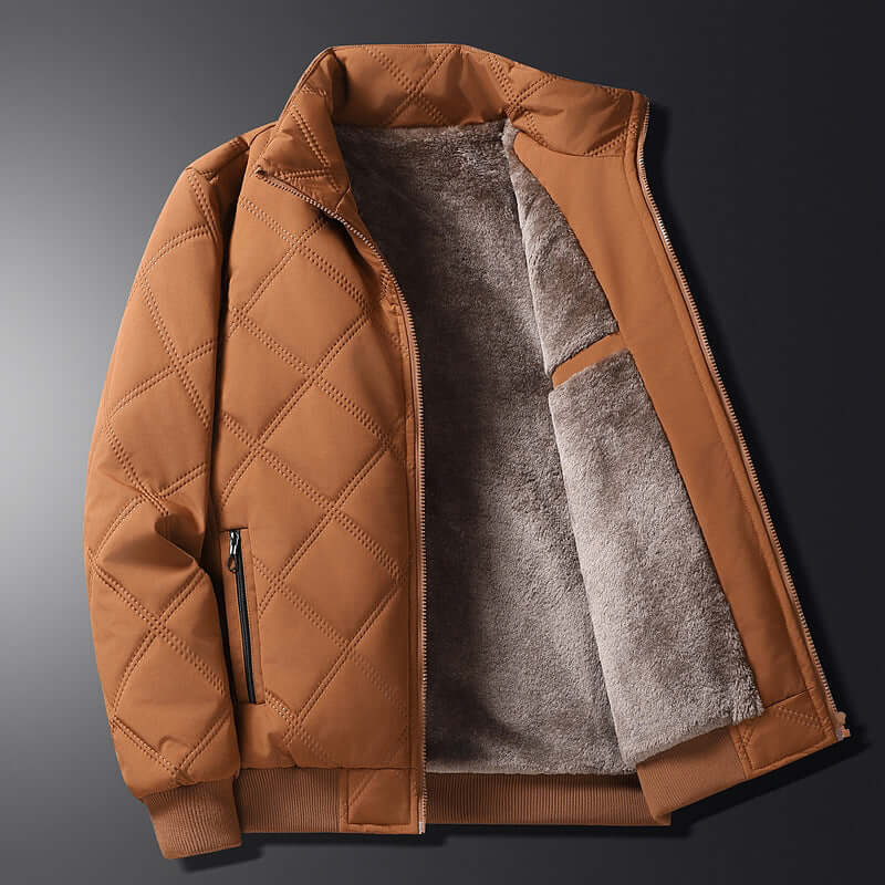Autumn And Winter Fleece Lined Coat Men in a stylish brown quilted design, featuring a soft inner lining.