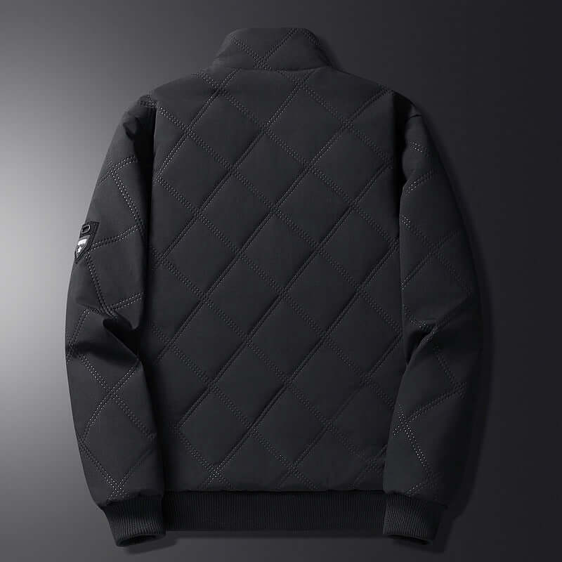 Back view of the Autumn And Winter Fleece Lined Coat Men in solid black color with diamond quilted pattern.