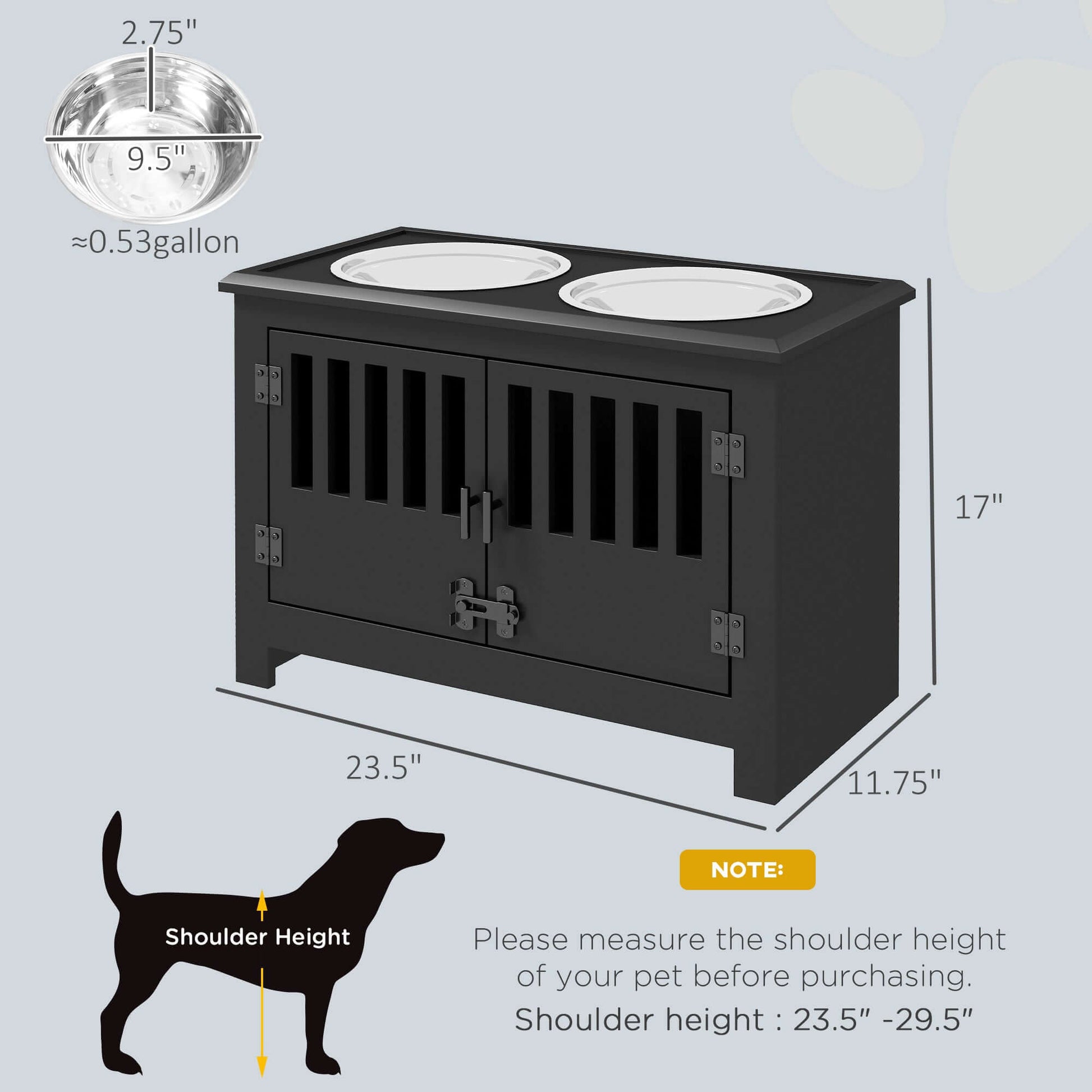Dog Food Storage Cabinet with Bowls & Dog Feeding Station with measurements and design details.