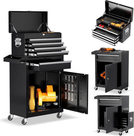 5-Drawer Rolling Tool Chest with Detachable Top Box, Metal Tool Box with Wheels, Lockable Storage Cabinet for Warehouse, Garage, Workshop, Barbershop, Black